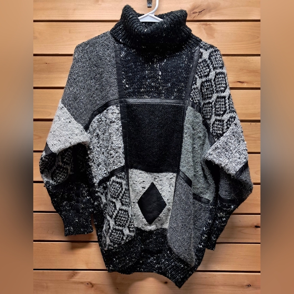 Vintage Susann D Patchwork Wool Blend Sweater With Leather Accents Size M